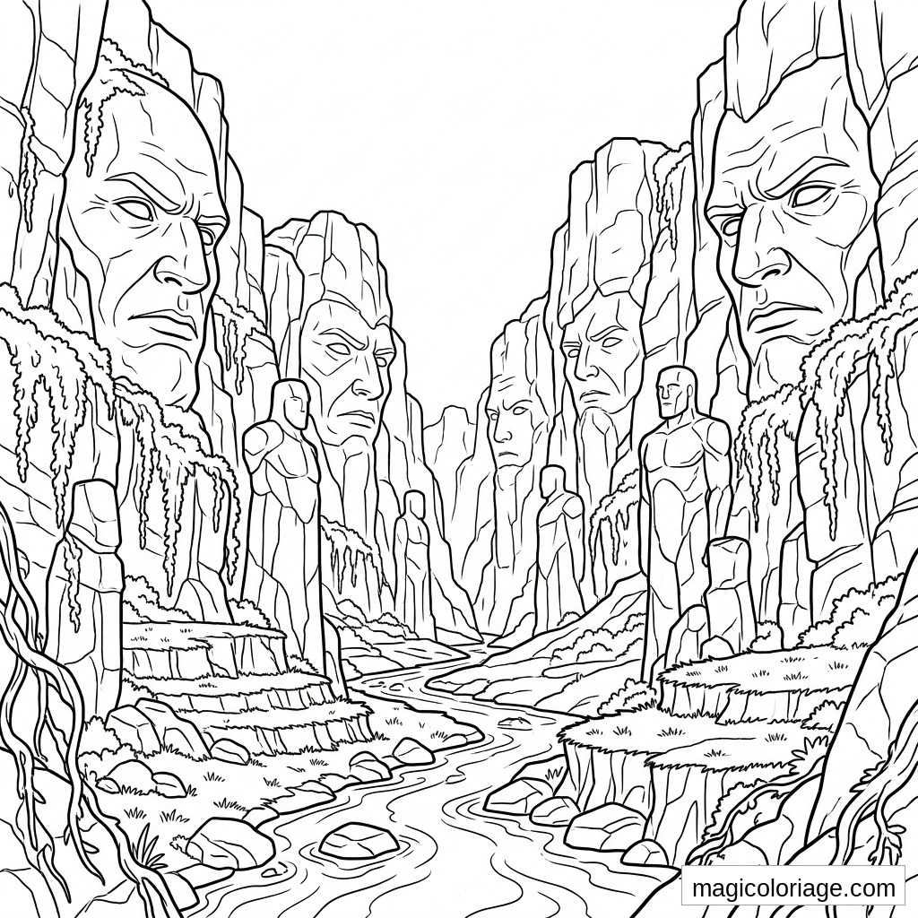 Coloriage paysage fantastique avec canyon, visages sculptés, statues de pierre et rivière sinueuse