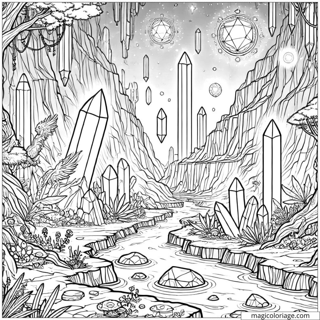 Coloriage canyon magique, dessin à colorier avec rivière lumineuse et créatures mythiques, paysage fantastique à imprimer