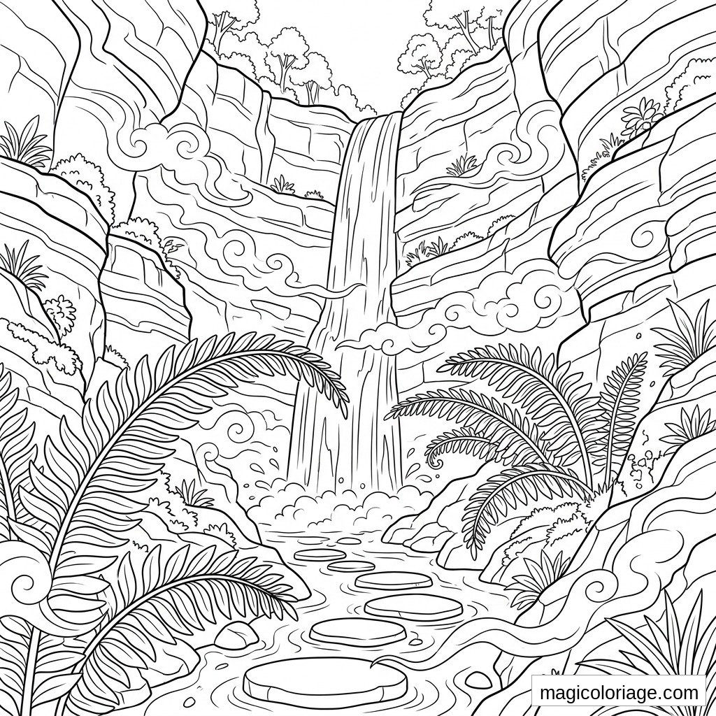 Coloriage paysage fantastique avec cascade, falaises, nuages en volutes, fougères géantes et pierres sur l’eau