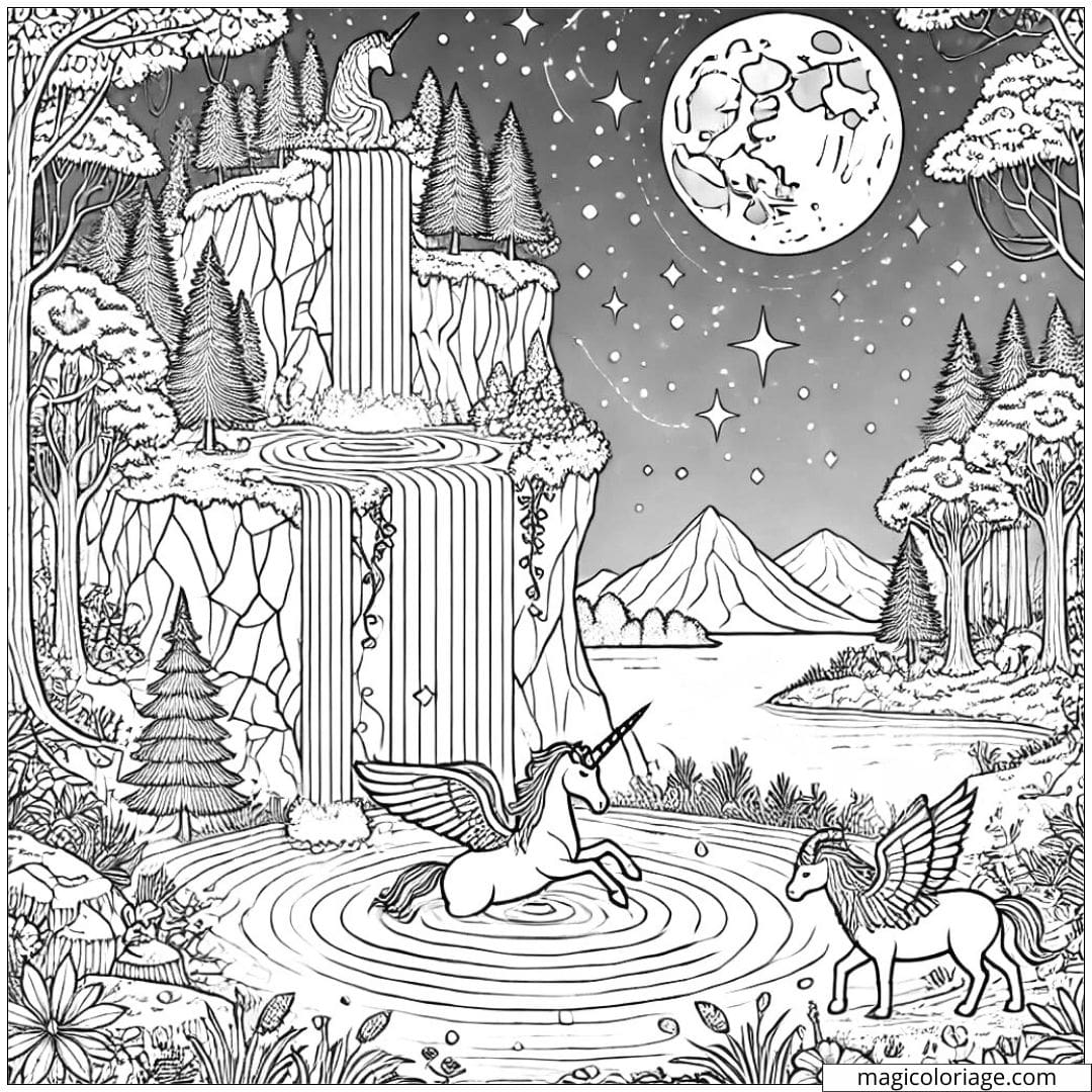 Coloriage cascade magique et lac scintillant, dessin à colorier avec animaux mythiques, paysage féérique à imprimer