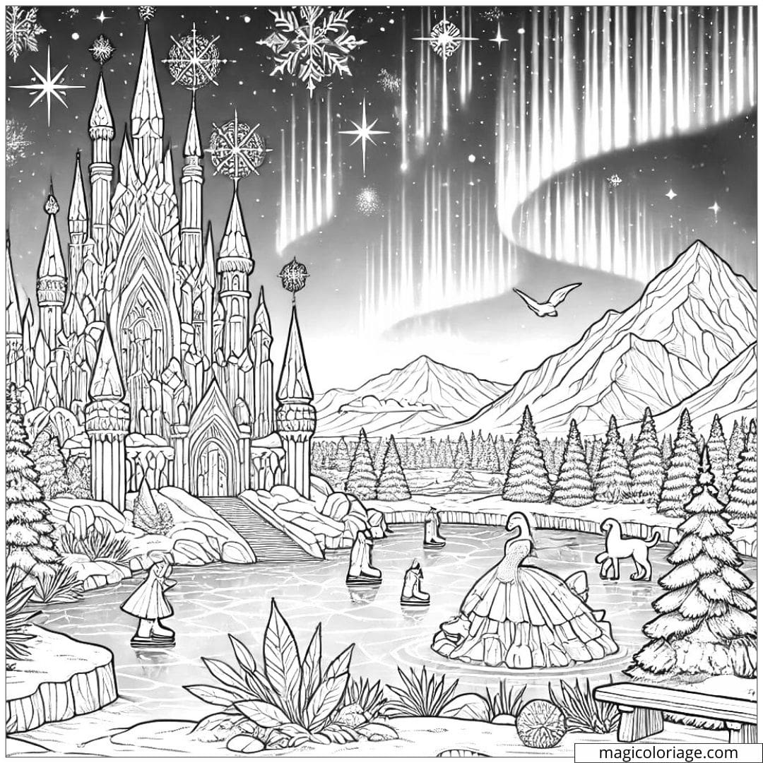 Coloriage de paysage imaginaire enneigé avec un château de glace, des sculptures d'animaux, et des aurores boréales.
