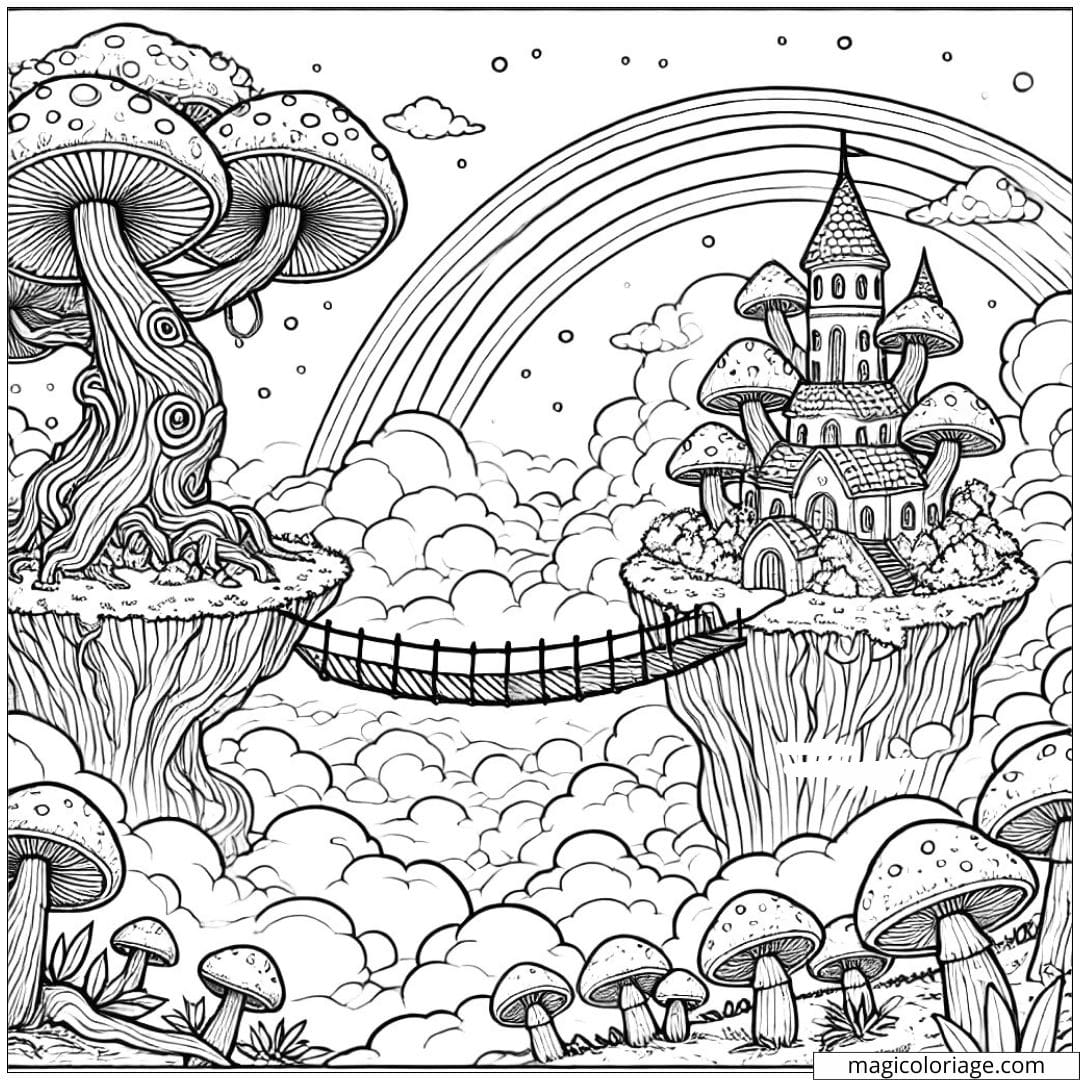 Dessin à colorier d'un paysage imaginaire avec un château sur une île flottante dans le ciel, parfait pour les enfants.