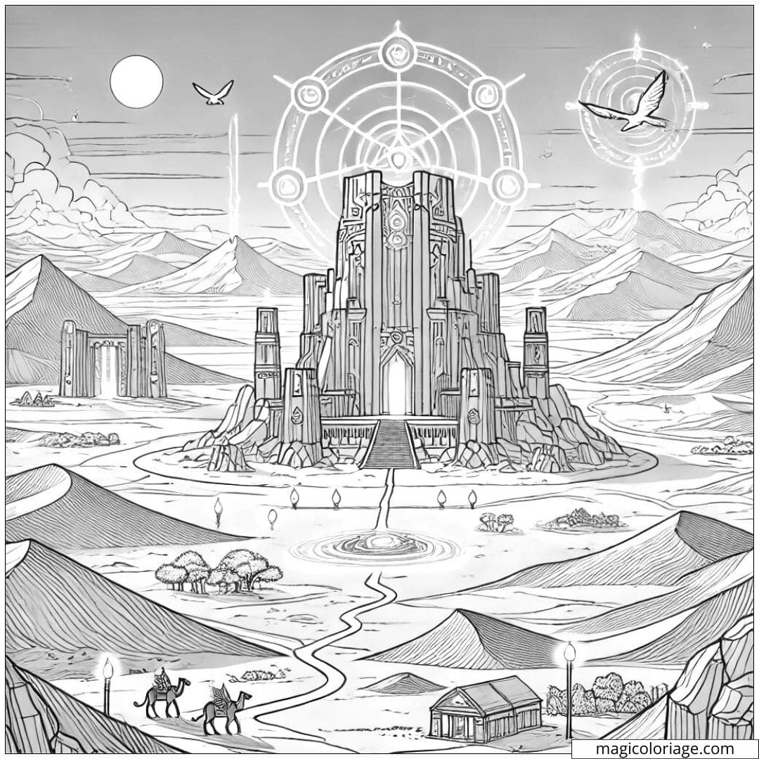 Coloriage désert mystique, dessin à colorier avec créatures mythiques et mirages, paysage fantastique à imprimer