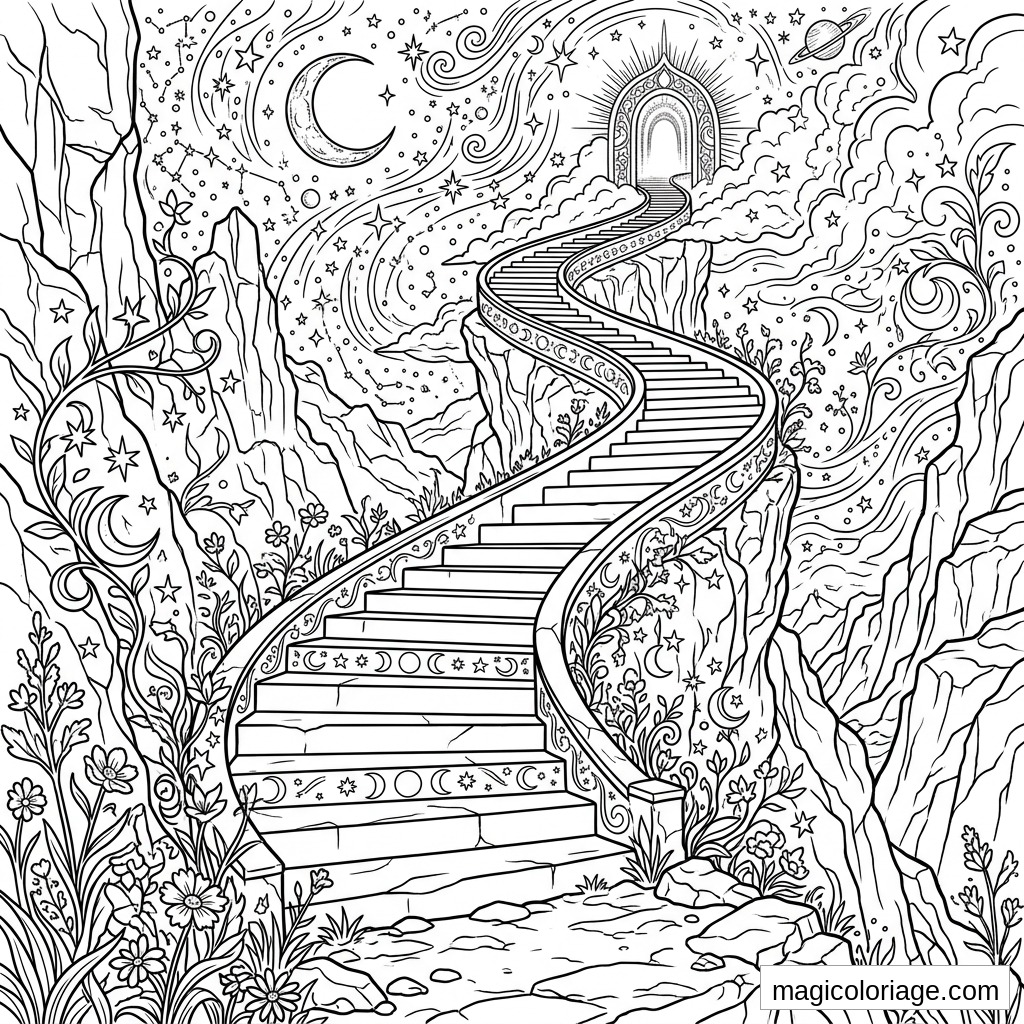 Coloriage paysage fantastique avec escalier céleste, portail lumineux, falaises, lune, étoiles et nuages