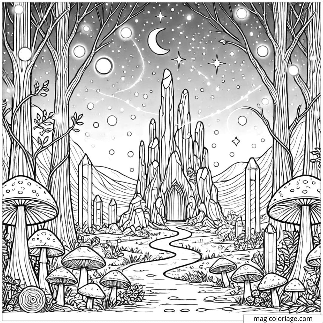 Coloriage forêt imaginaire avec des orbes lumineuses, des arbres hauts et une grotte mystique, idéal pour les enfants.