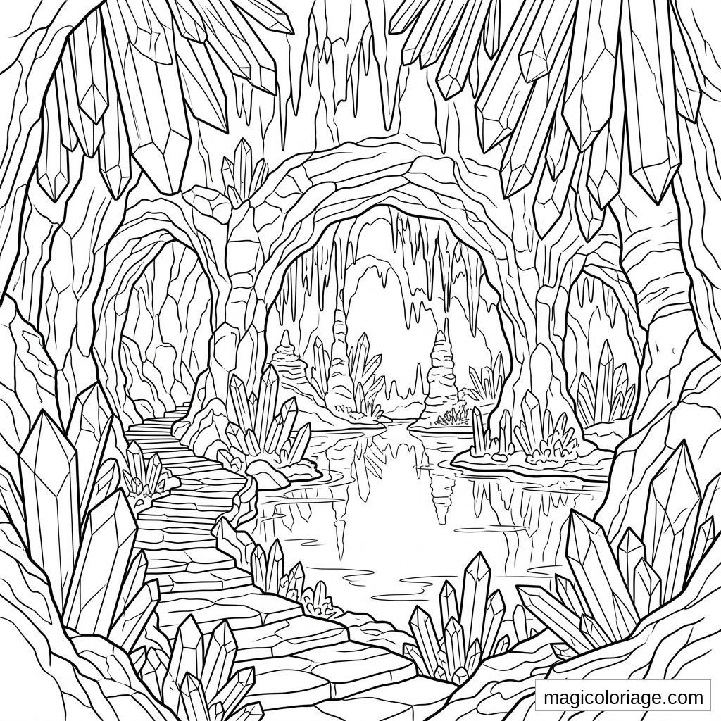 Coloriage paysage fantastique avec grotte de cristaux, lac souterrain, stalactites et escalier en pierre