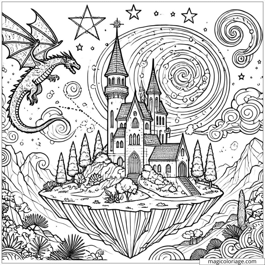Coloriage île flottante et tour du magicien, dessin à colorier avec dragon et constellations mystiques, paysage fantastique à imprimer