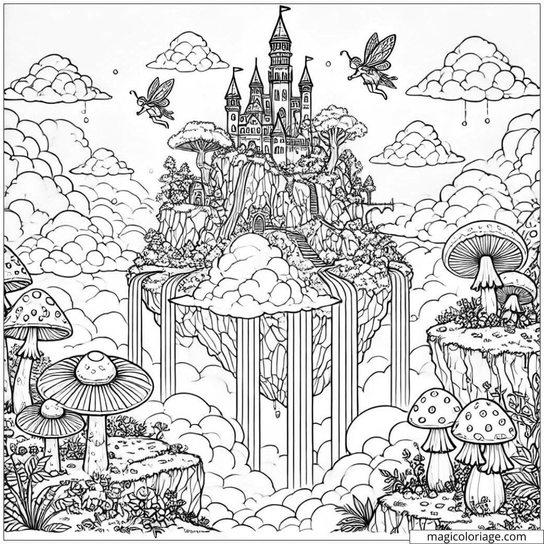 Coloriage île flottante magique, dessin à colorier avec dragons, fées et château, paysage fantastique à imprimer