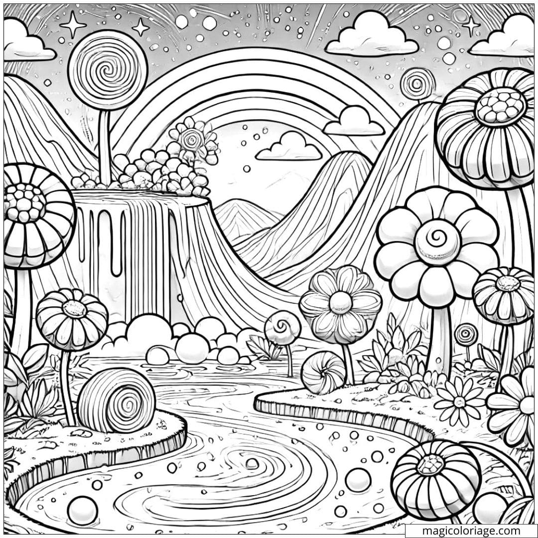Coloriage île imaginaire à imprimer avec des fleurs géantes, des arbres en forme de bonbons et une rivière de chocolat.