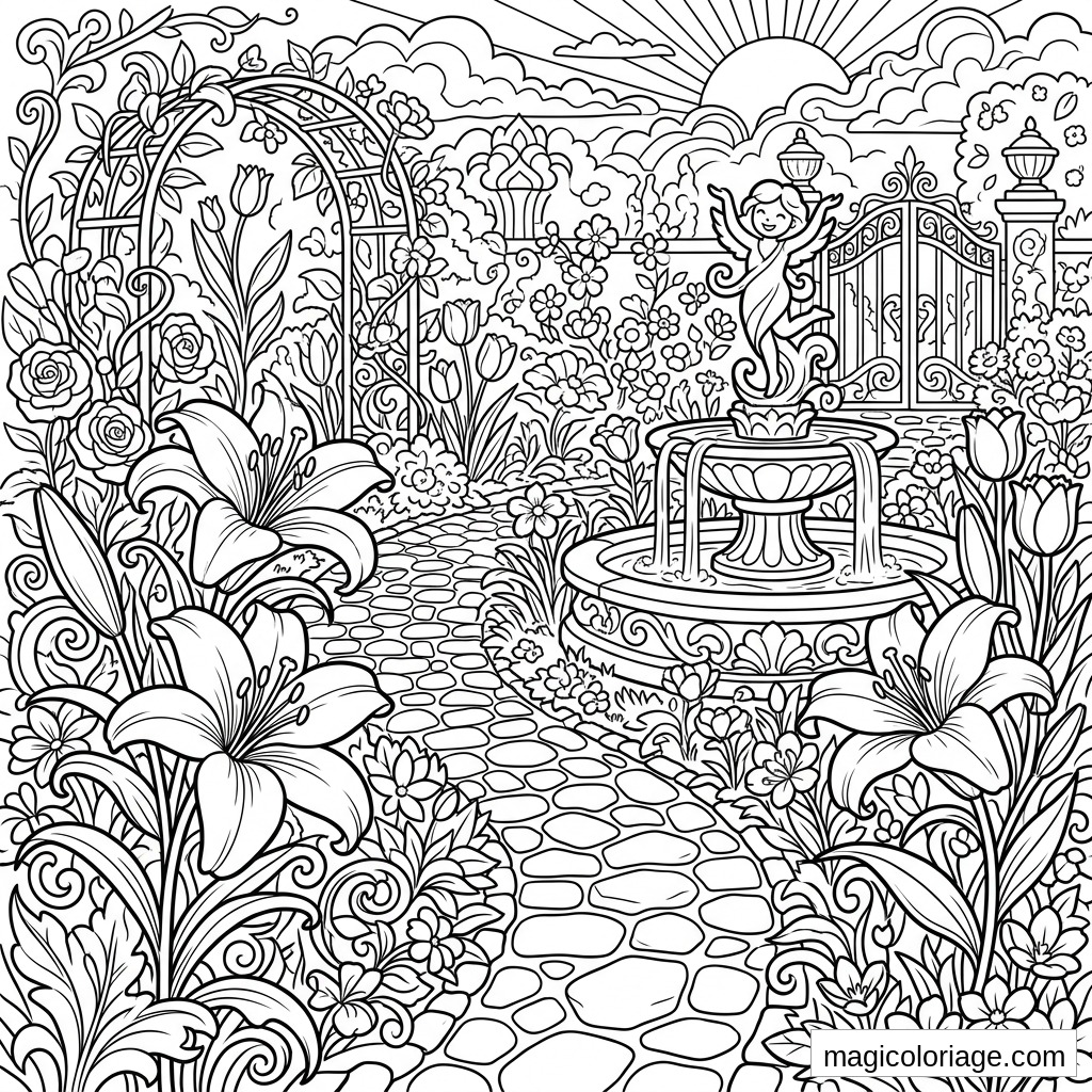 Coloriage paysage fantastique avec fontaine, statue, portail, arche fleurie et chemin pavé dans un jardin