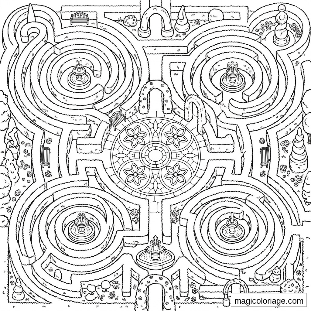 Coloriage paysage fantastique avec jardin labyrinthe, fontaines, arches fleuries et rosace centrale