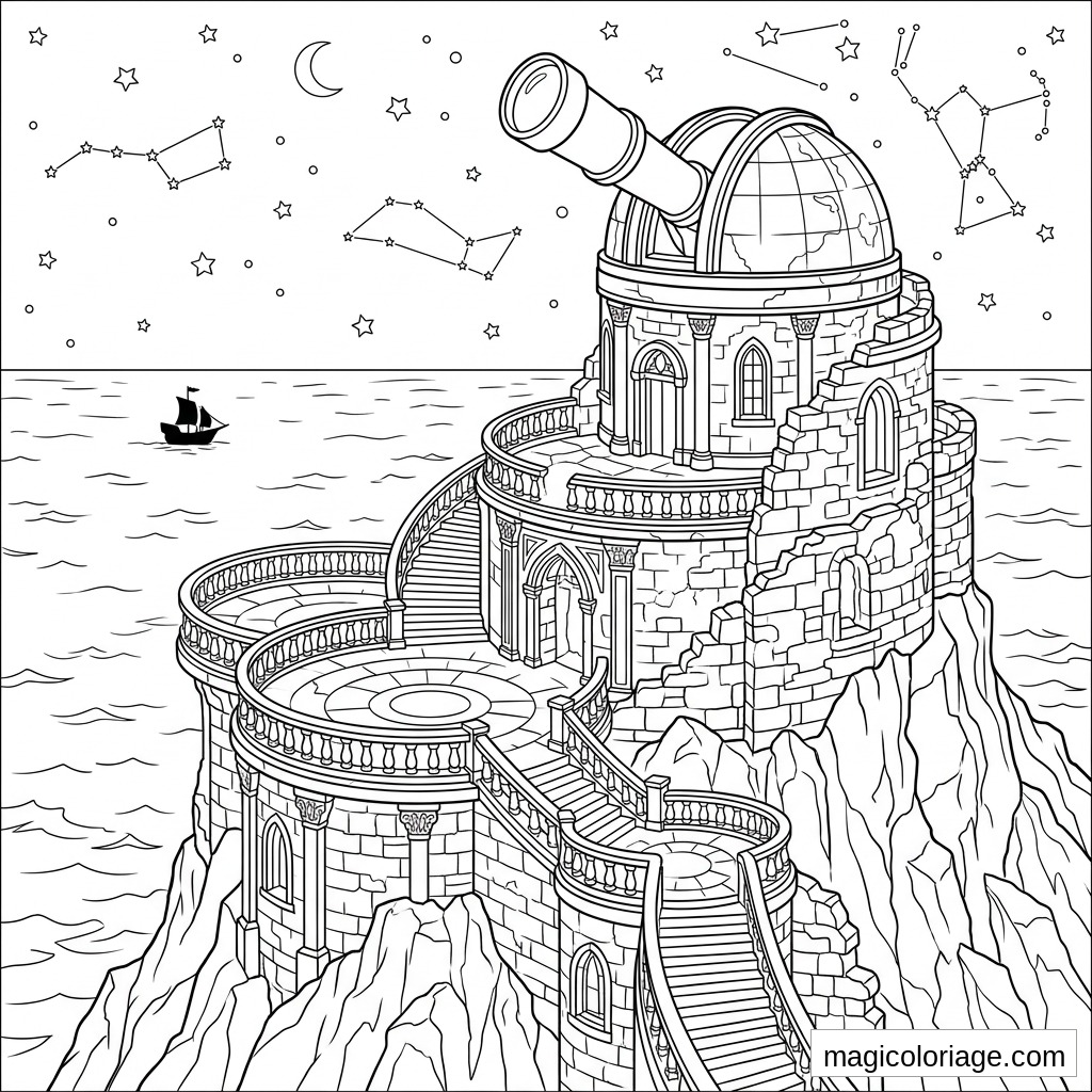 Coloriage paysage fantastique avec observatoire, télescope géant, mer, étoiles et constellations