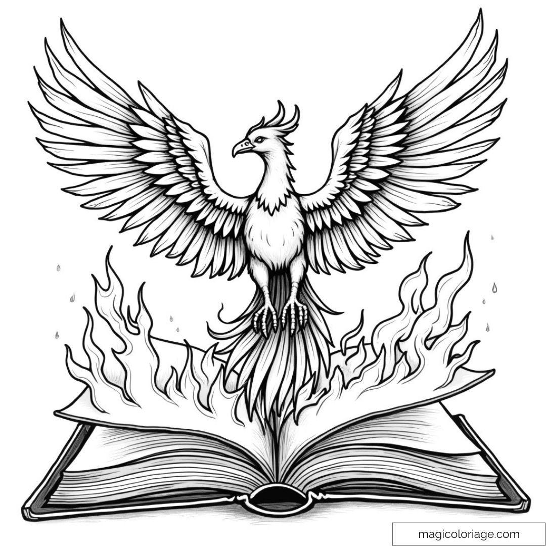 Dessin de phénix s'envolant d'un livre en flammes