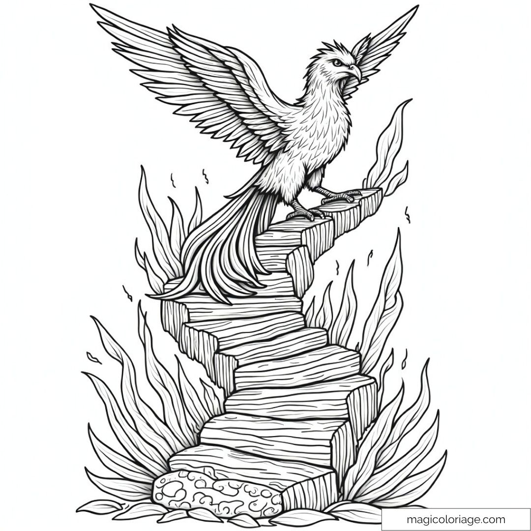 Dessin de phénix sur un escalier enflammé