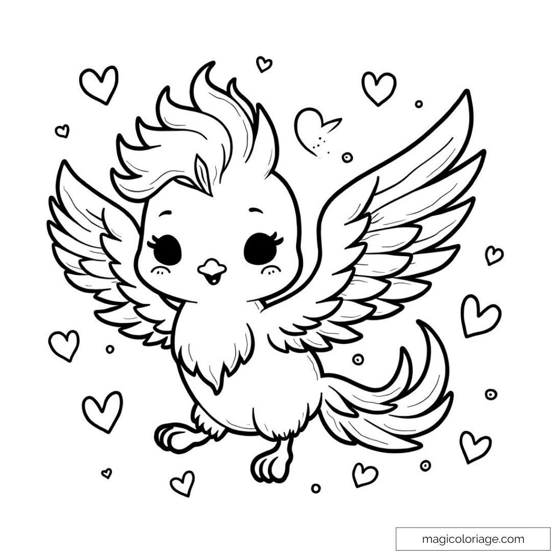 Dessin de phénix mignon entouré de coeurs
