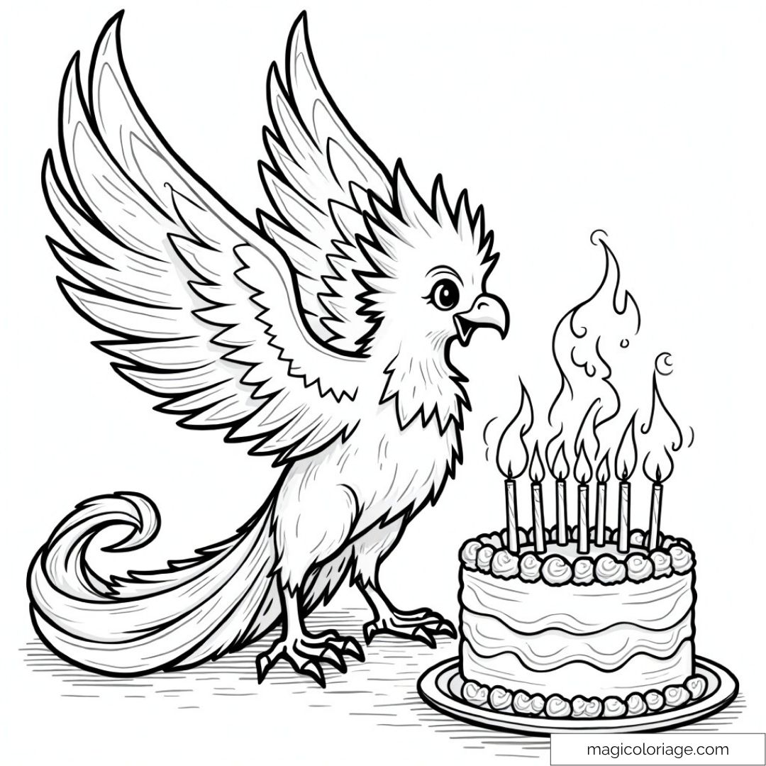 Phénix avec gâteau d'anniversaire et flammes scintillantes