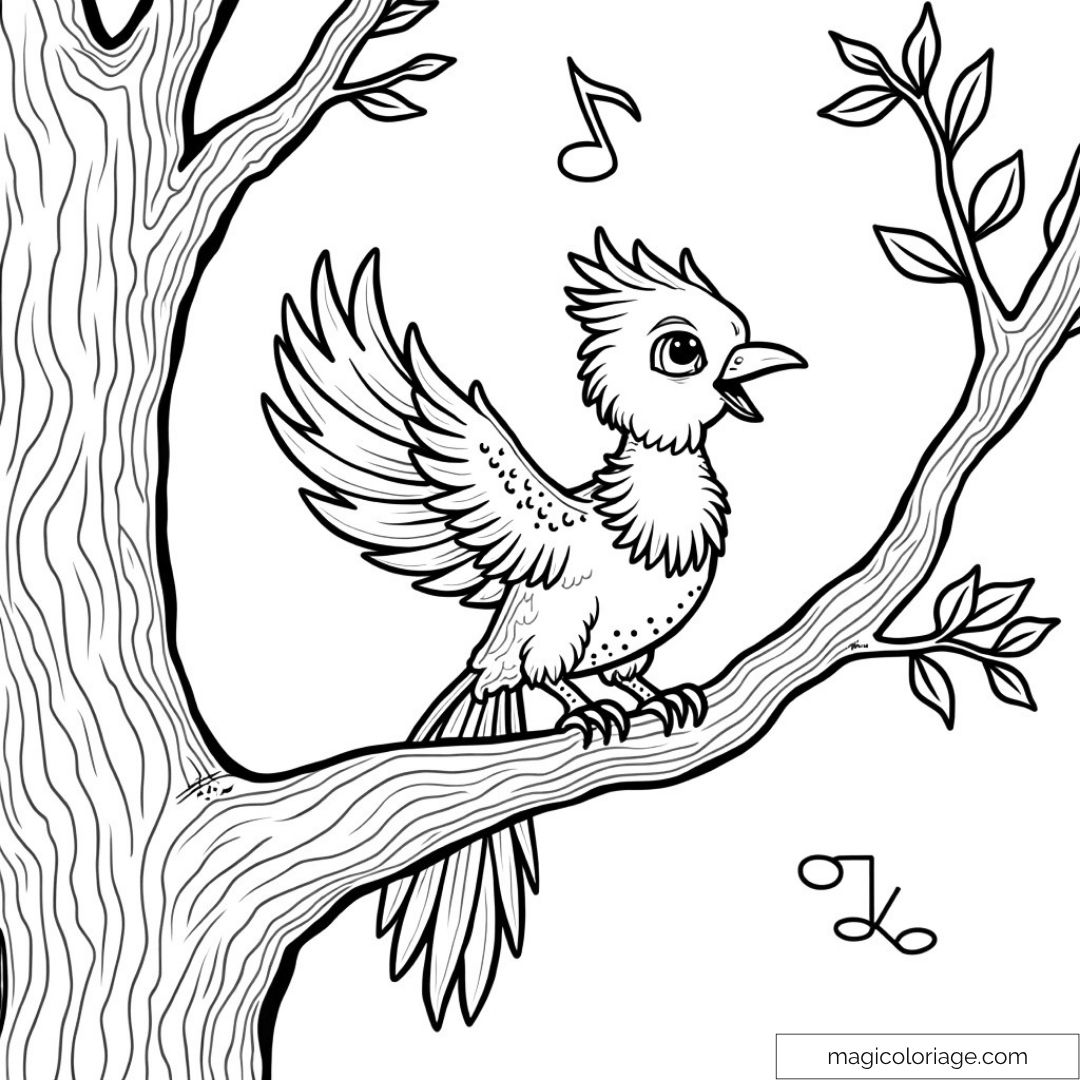 Dessin d'un phénix chantant sur une branche avec des notes de musique autour.