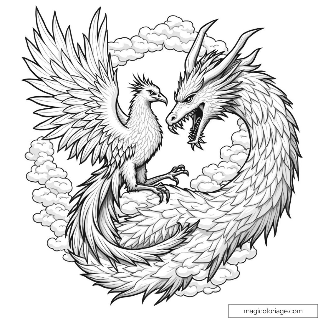 Phénix majestueux et dragon entourés de nuages à colorier