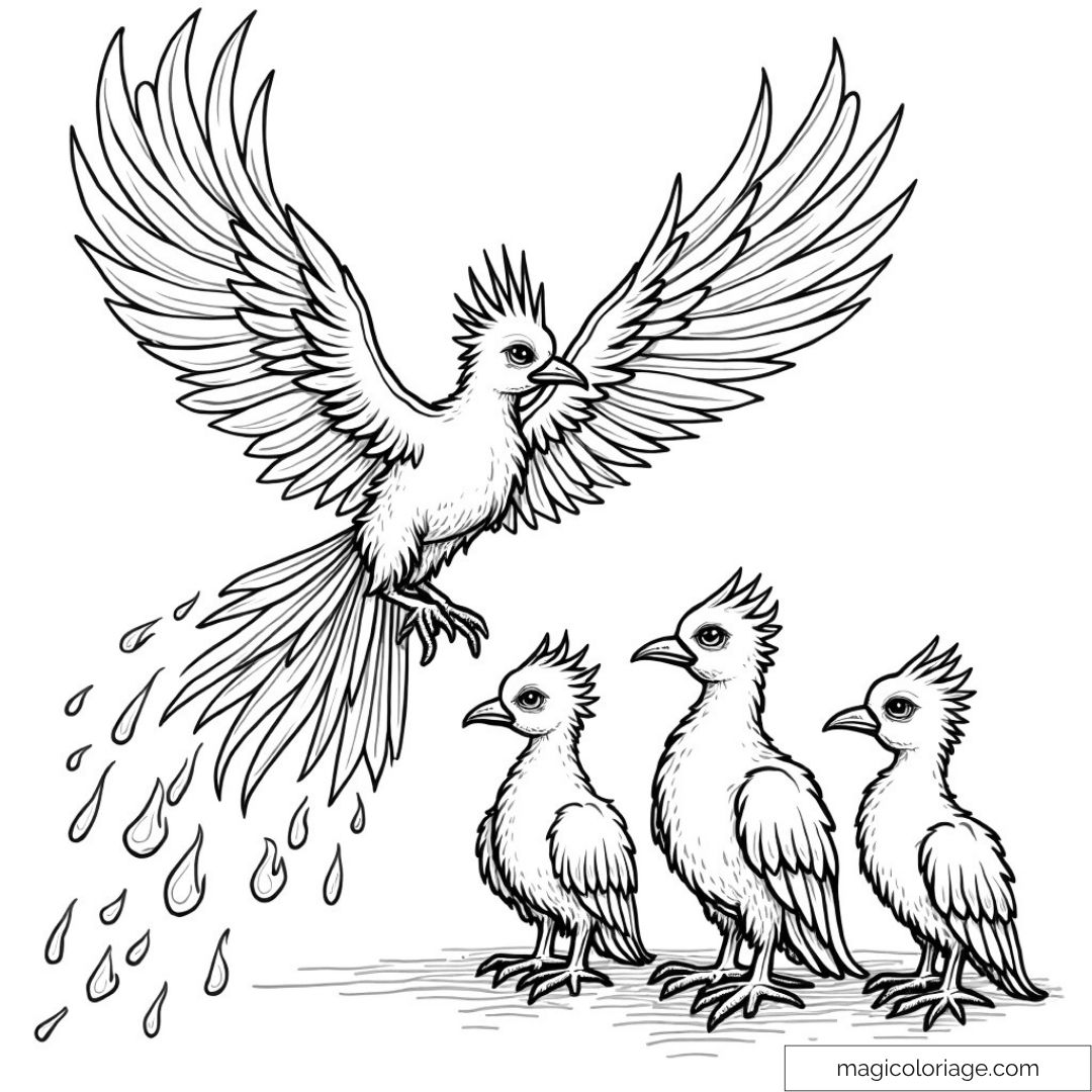 Phénix volant avec oisillons
