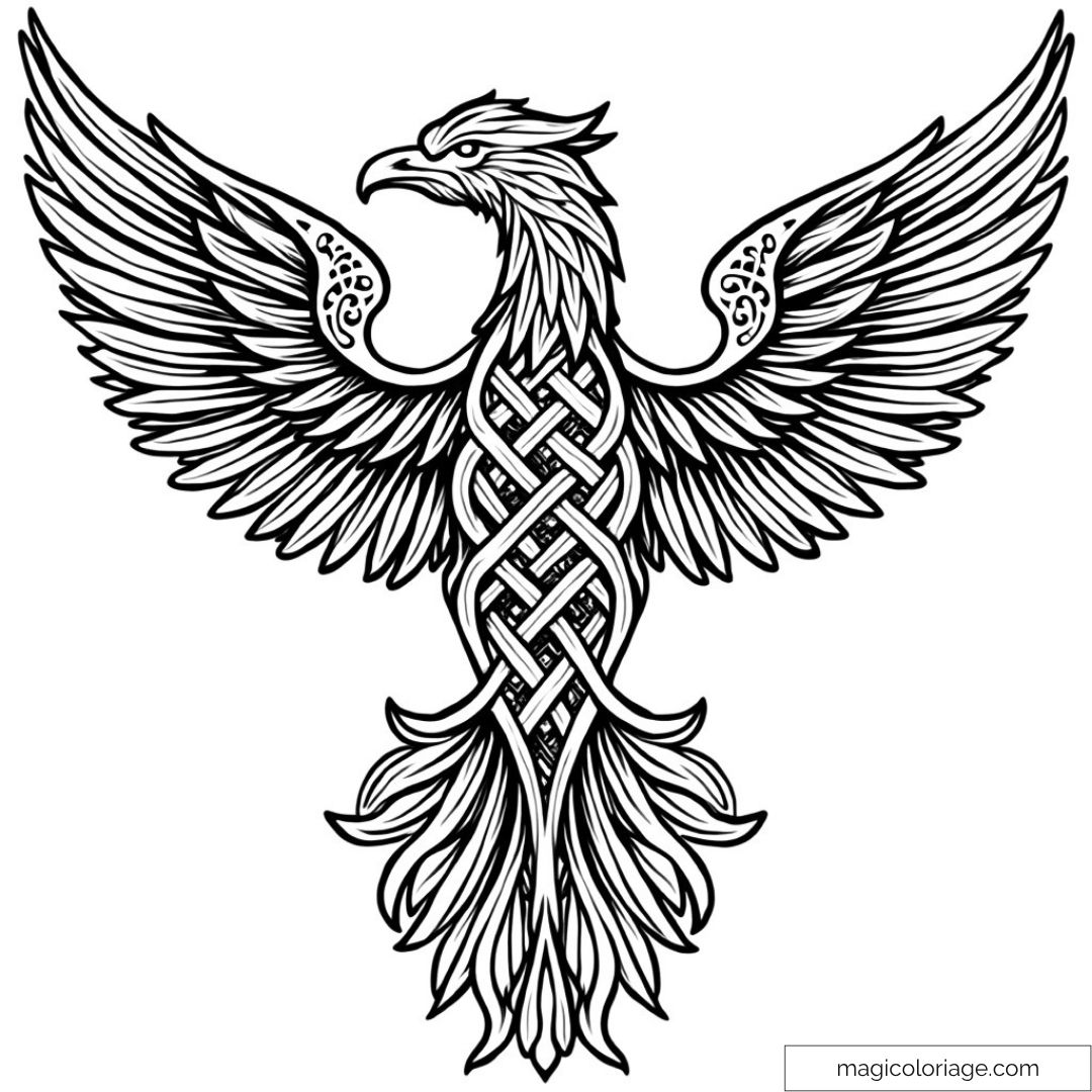 Dessin à colorier d'un phénix avec ailes déployées et détails complexes.