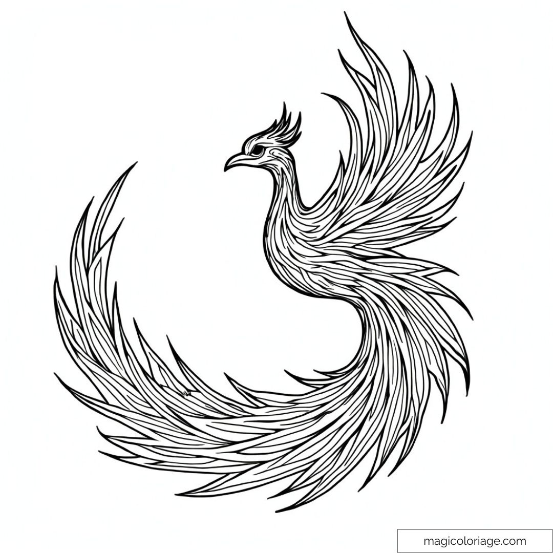 Phénix majestueux aux ailes déployées à colorier