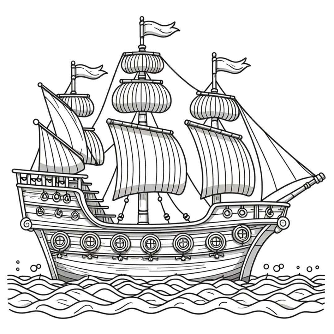Coloriage d'un grand bateau pirate simple pour enfants de maternelle