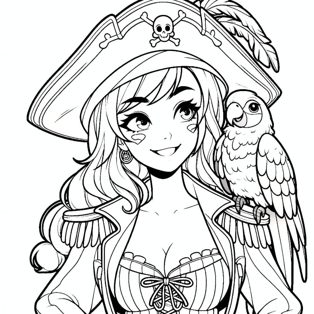 Coloriage d'une jeune pirate avec un perroquet coloré sur l'épaule