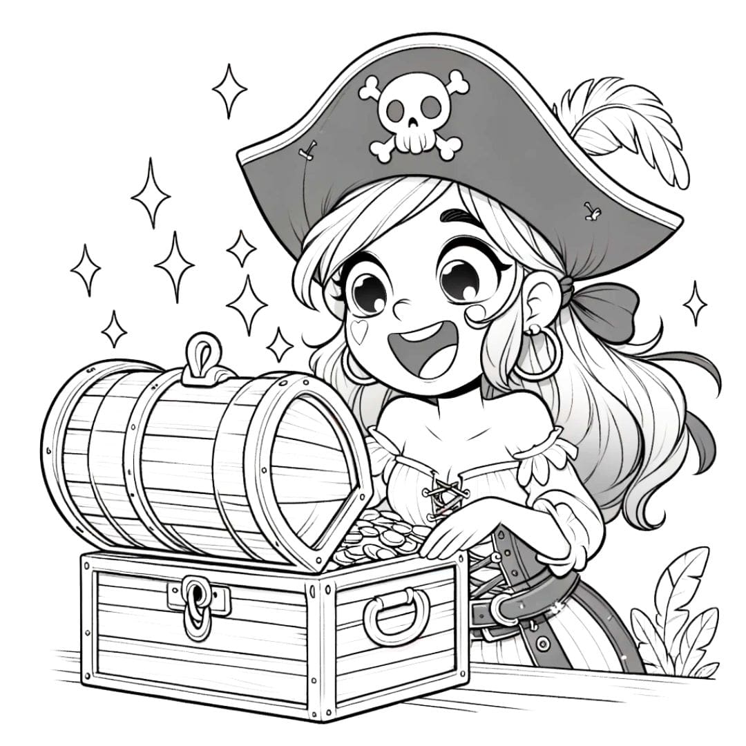 Coloriage d'une pirate fille découvrant un coffre au trésor