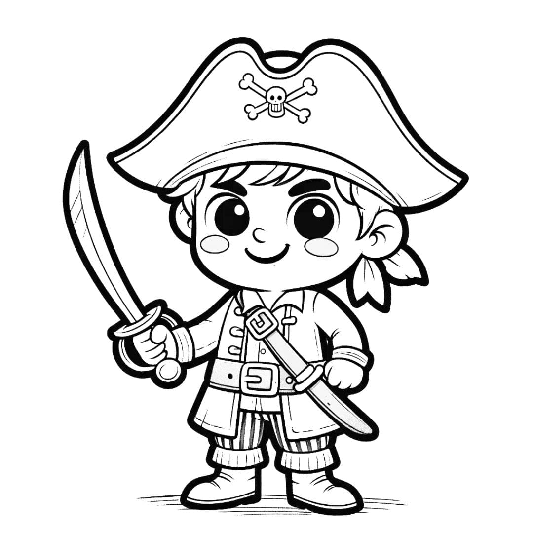 Coloriage simple d'un pirate avec un chapeau et une épée, souriant, pour enfants
