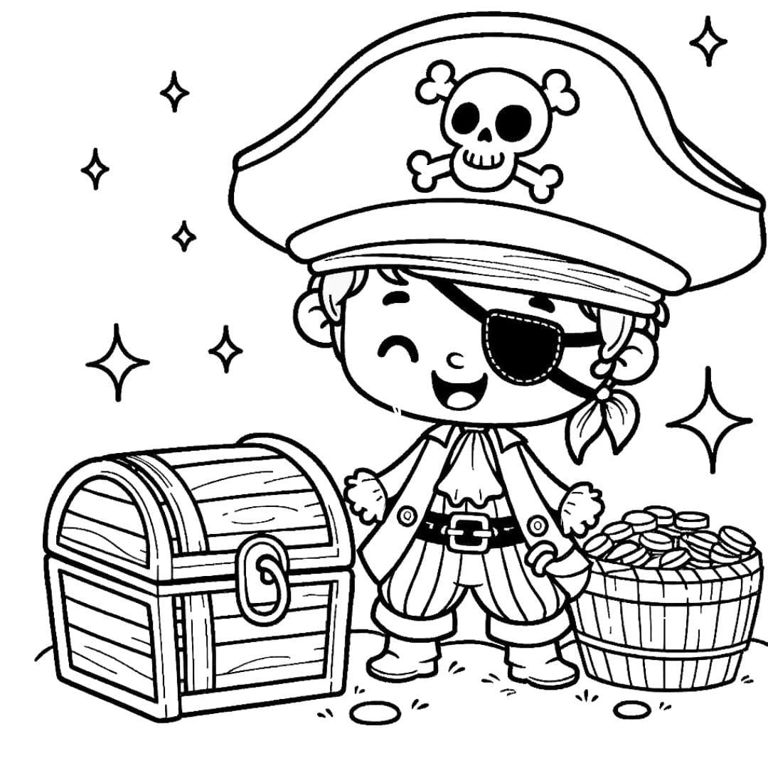 Coloriage simple d'un pirate avec un trésor reconnaissable pour enfants