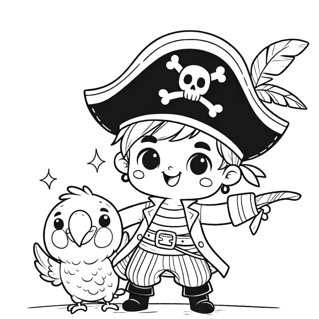 Coloriage facile d'un pirate avec un animal de compagnie mignon pour enfants