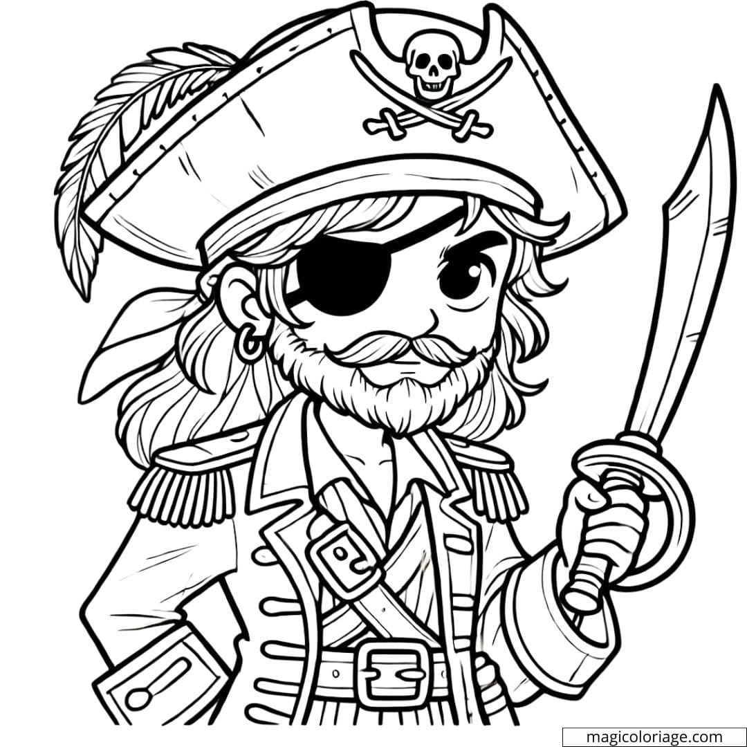 Coloriage à imprimer d'un pirate portant un chapeau à plume et tenant un sabre, style simple.