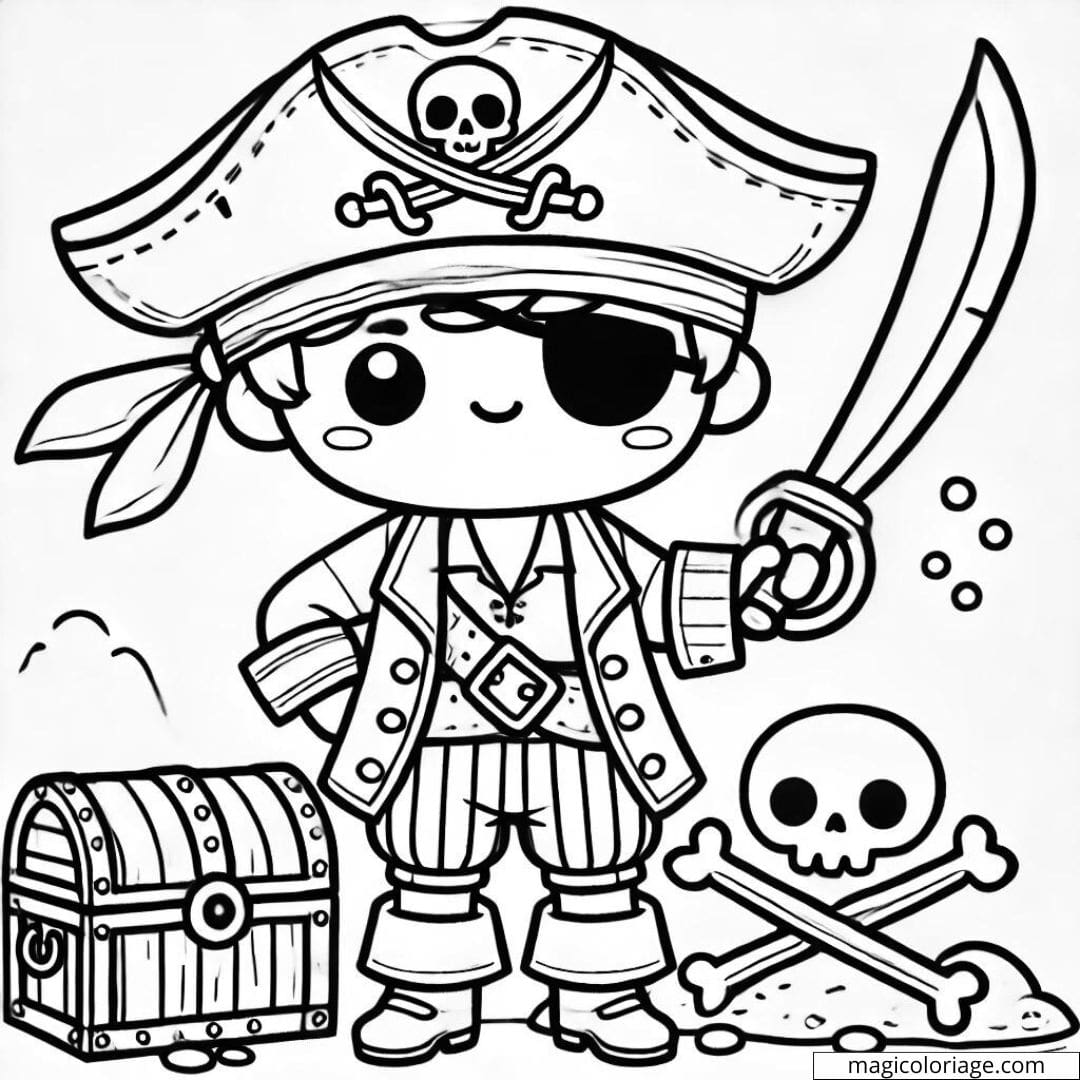 Coloriage à imprimer d'un pirate avec un coffre au trésor et un sabre, style simple et détaillé.