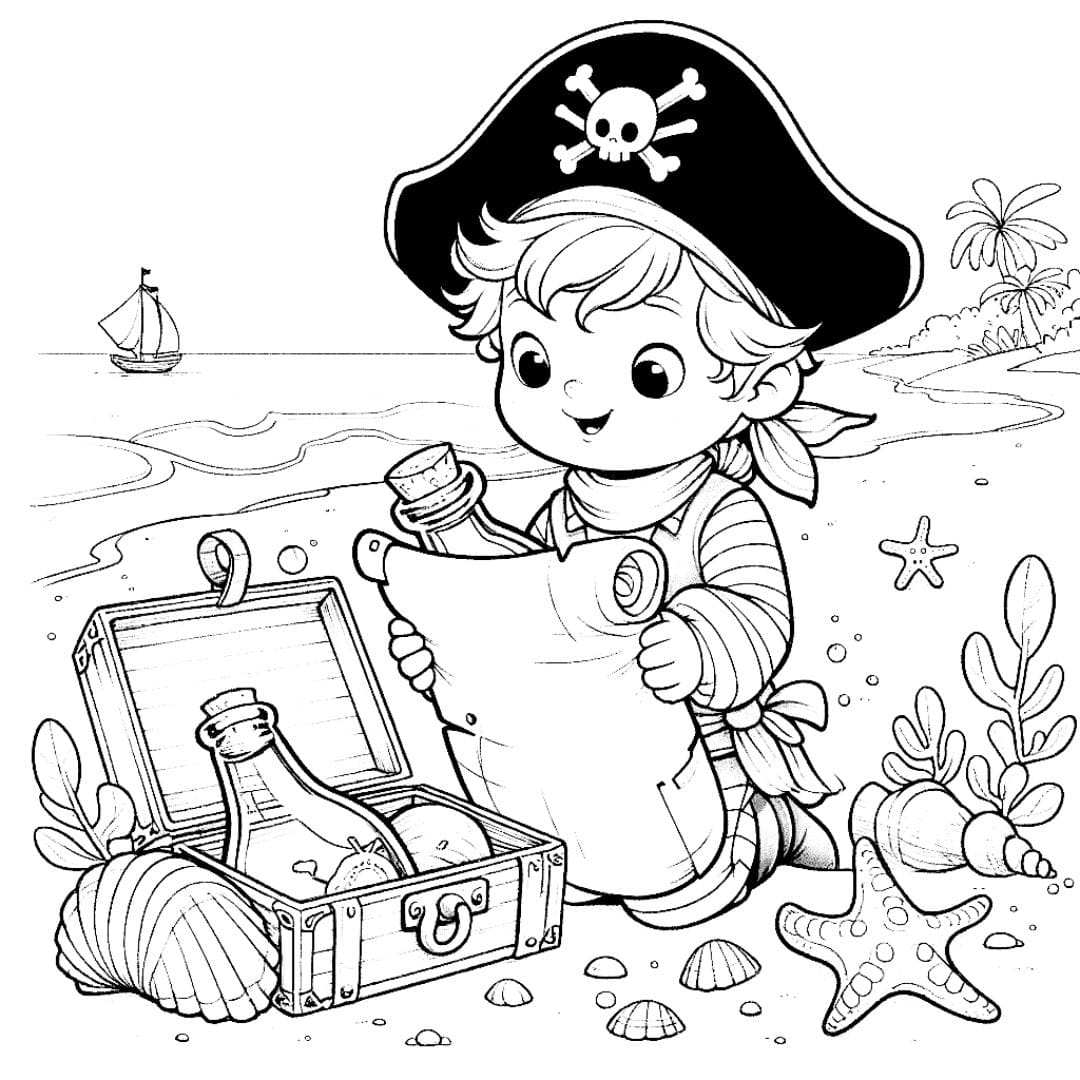 Coloriage pour enfant d'un pirate curieux découvrant une carte mystérieuse dans une bouteille sur la plage