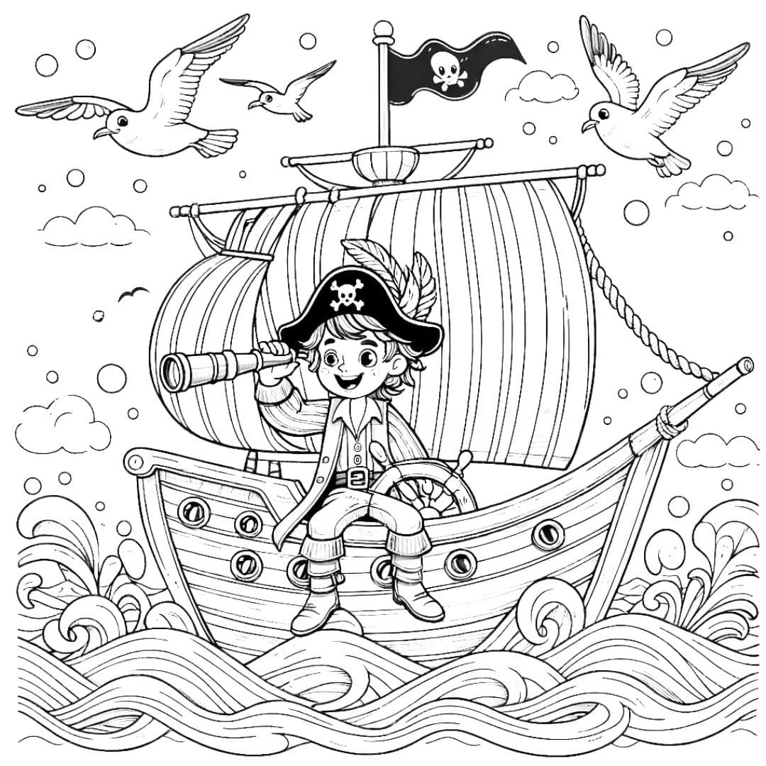 Coloriage pour enfant d'un pirate joyeux naviguant en mer avec une longue-vue, entouré de vagues et de mouettes