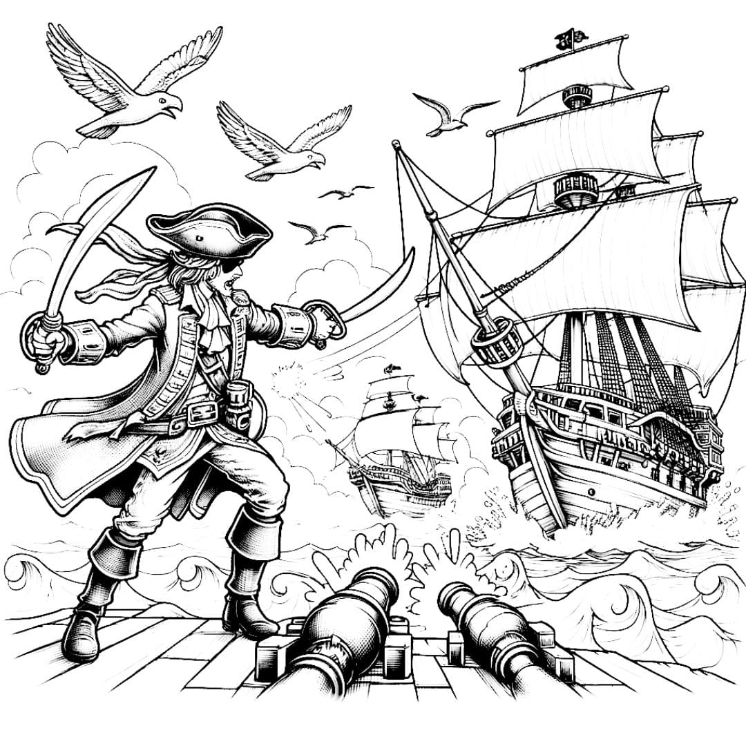 Coloriage pour enfant d'un pirate défendant son navire lors d'une bataille navale épique, avec des canons et un autre navire pirate en arrière-plan