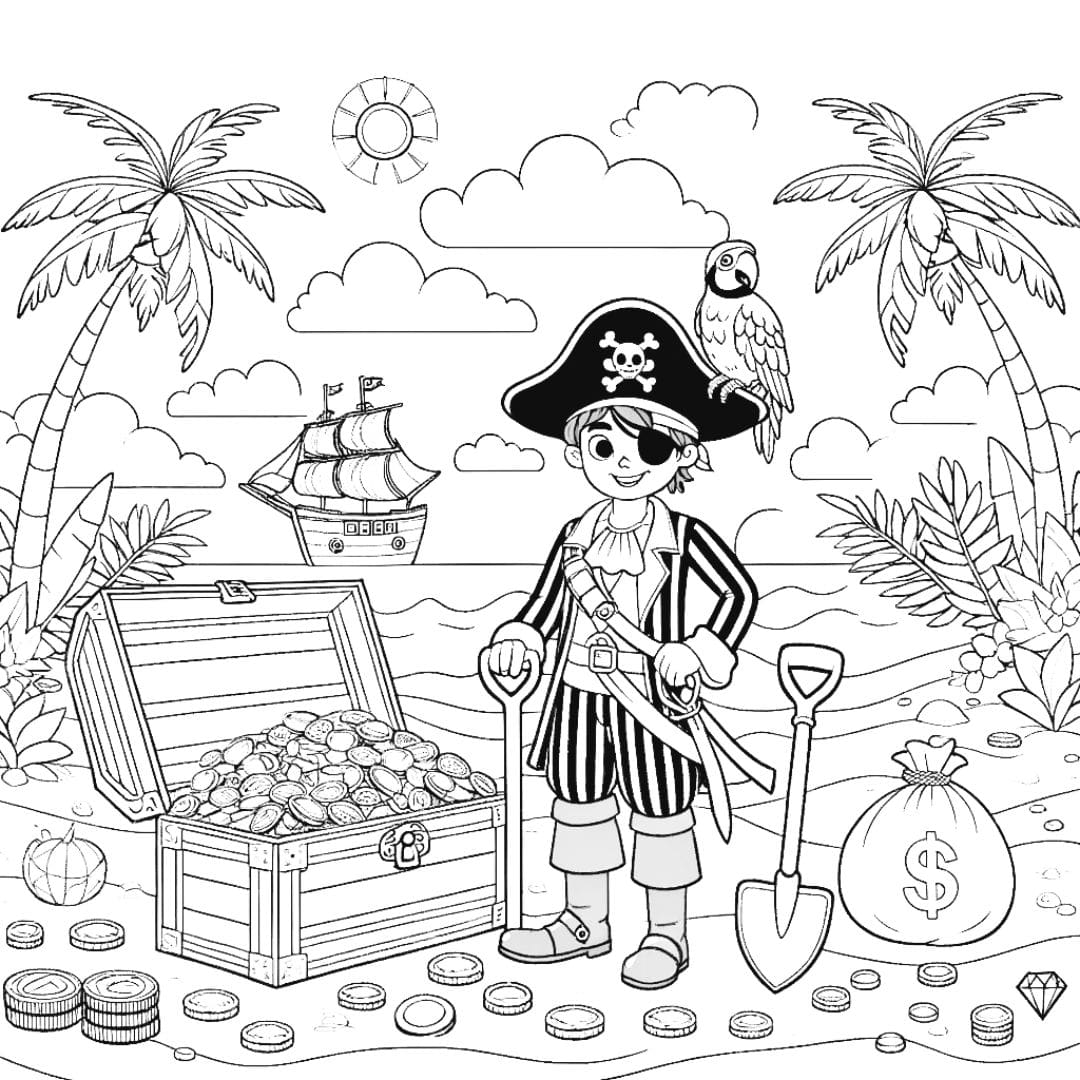 Coloriage pour enfant d'un pirate avec une pelle sur une île au trésor, entouré de palmiers et avec un perroquet sur l'épaule