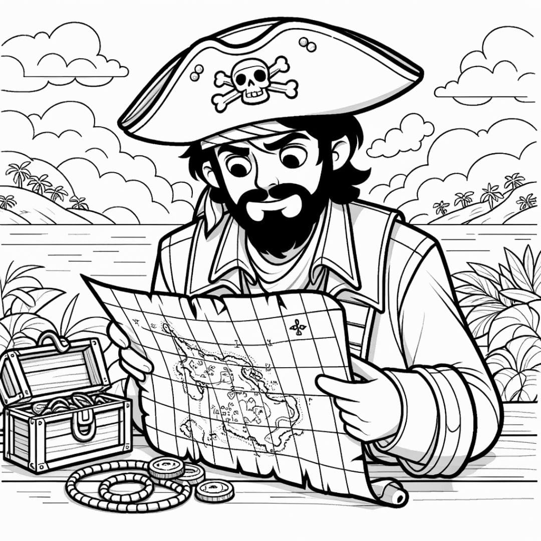 Coloriage d'un pirate regardant une carte au trésor