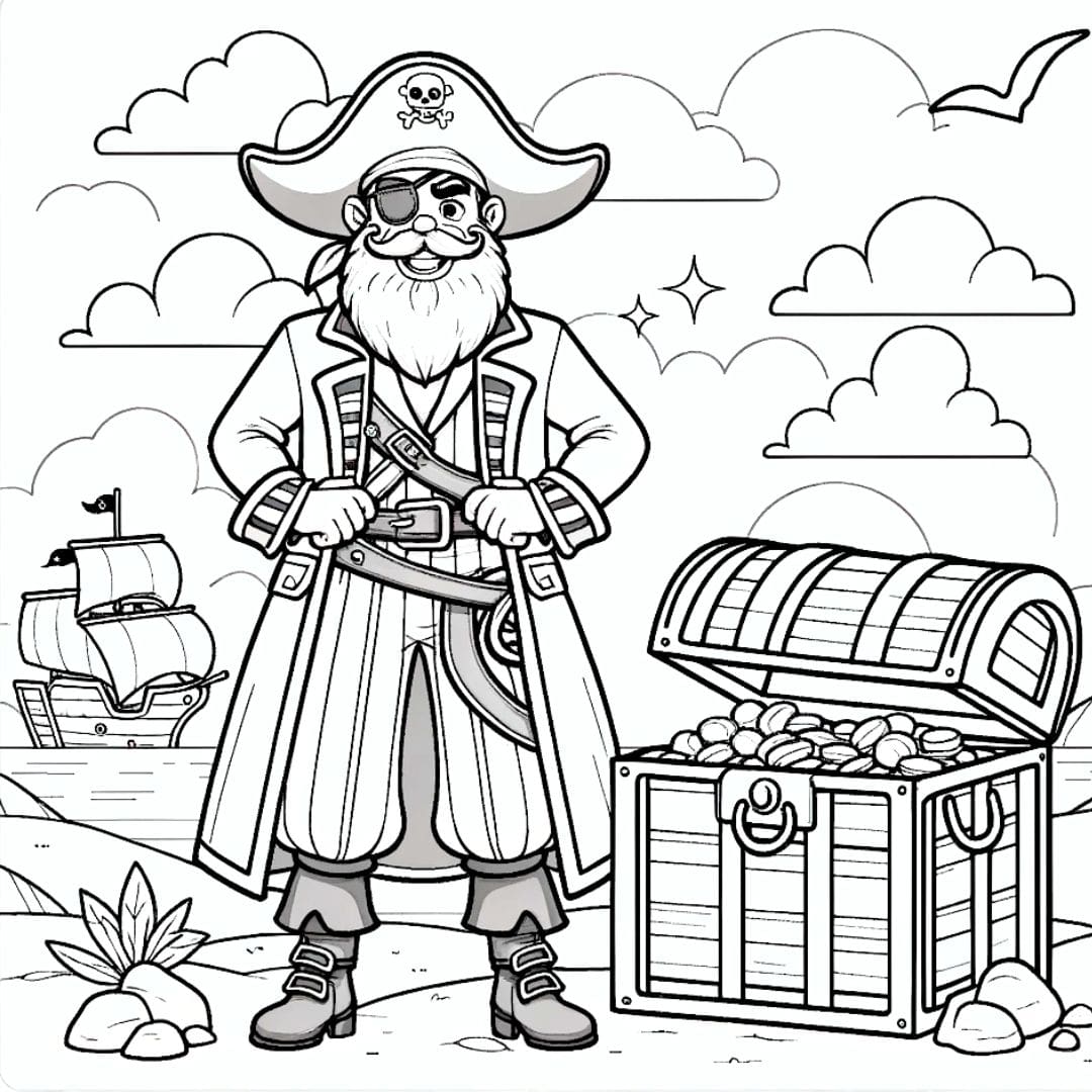 Coloriage d'un pirate avec un coffre au trésor