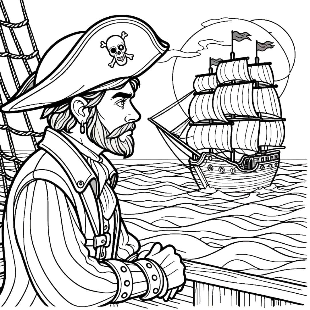 Coloriage d'un pirate regardant l'horizon depuis son navire