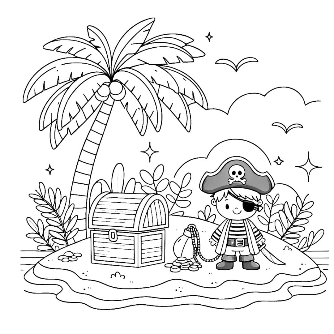 Coloriage simple d'une scène de pirate sur une île pour maternelle