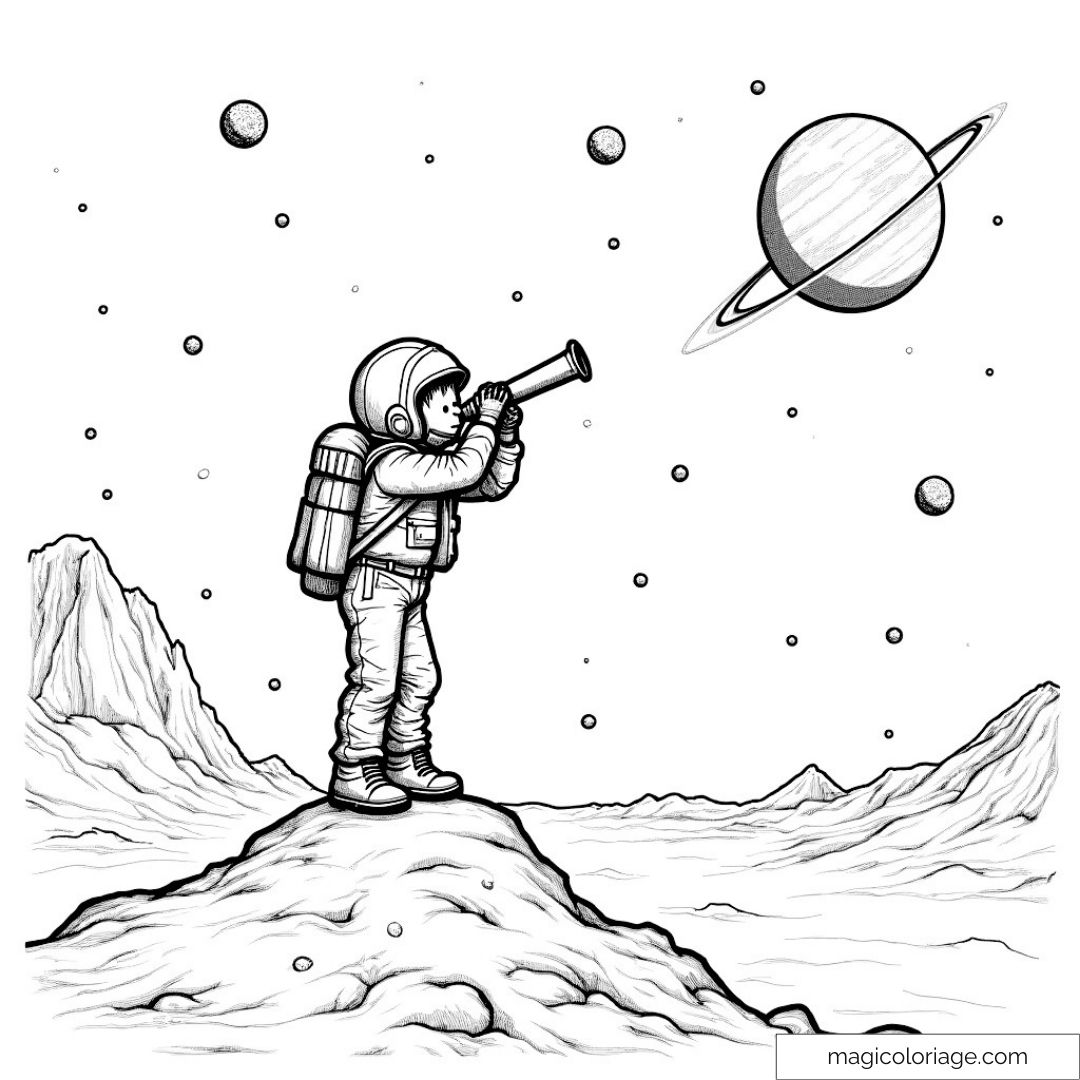 Astronaute observant Saturne avec une lunette dans l'espace