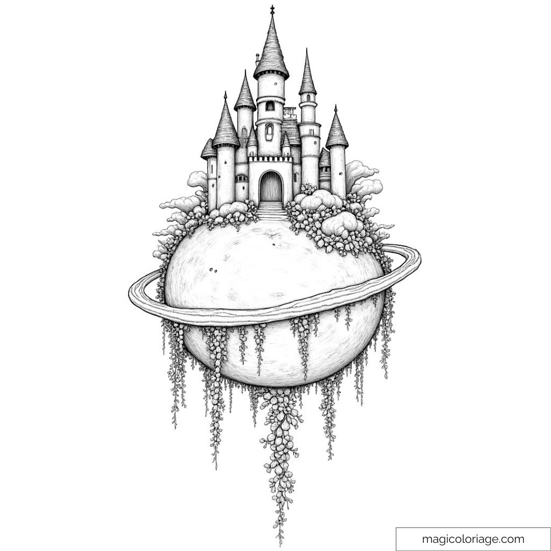 Dessin de château fantastique flottant sur une planète avec anneaux et végétation.