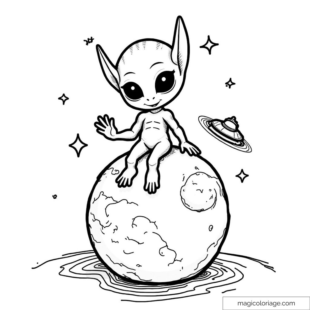 Extraterrestre adorable assis sur une planète avec des étoiles et un vaisseau spatial