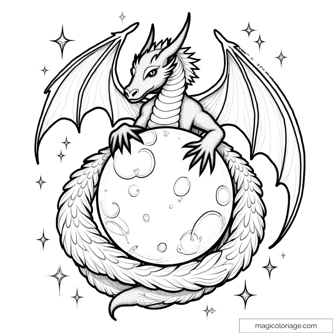 Dessin de dragon entourant la lune avec ses ailes déployées