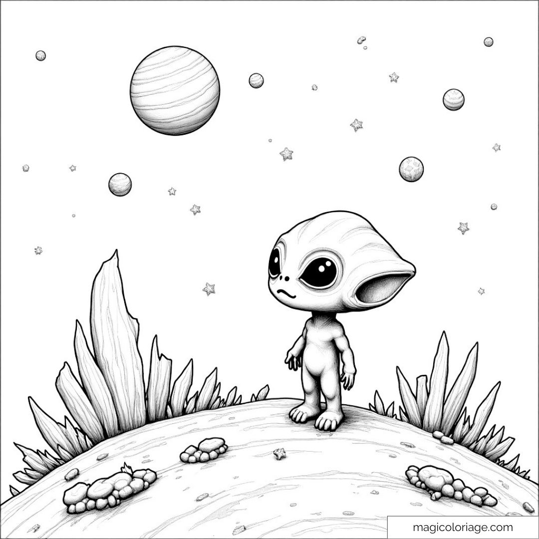 Dessin détaillé d'un extraterrestre sous un ciel étoilé.