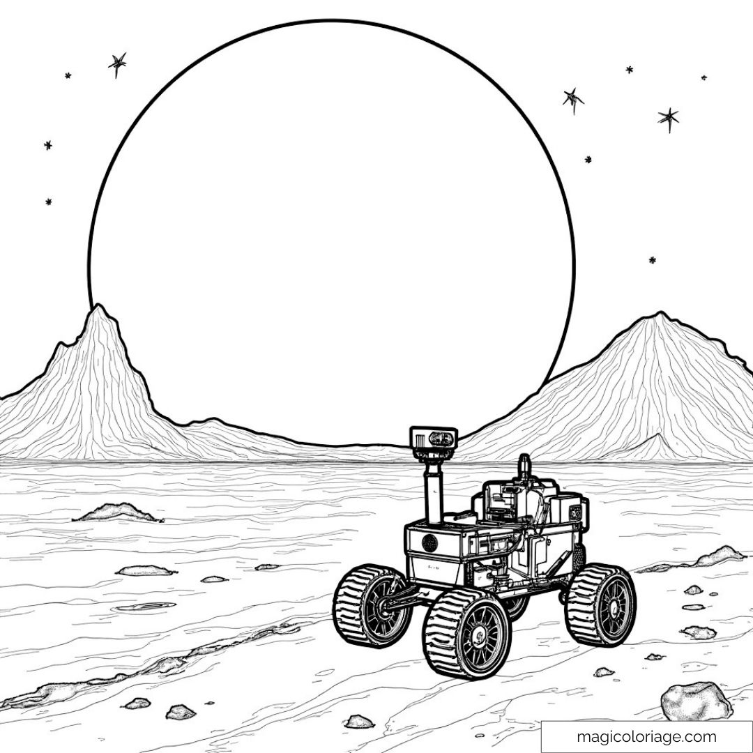 Dessin de rover sur Mars avec montagnes et étoiles en arrière-plan.