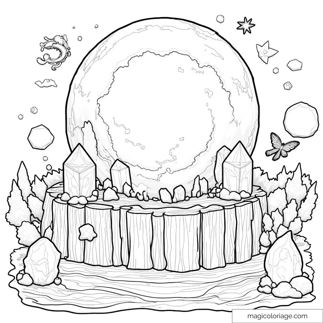 Dessin à colorier de lune magique et cristaux mystiques