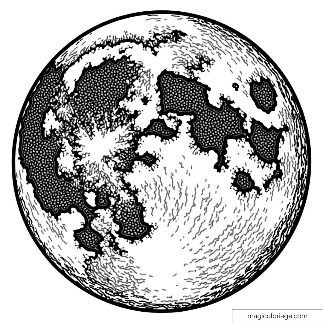Coloriage détaillé de la lune avec cratères en noir et blanc.