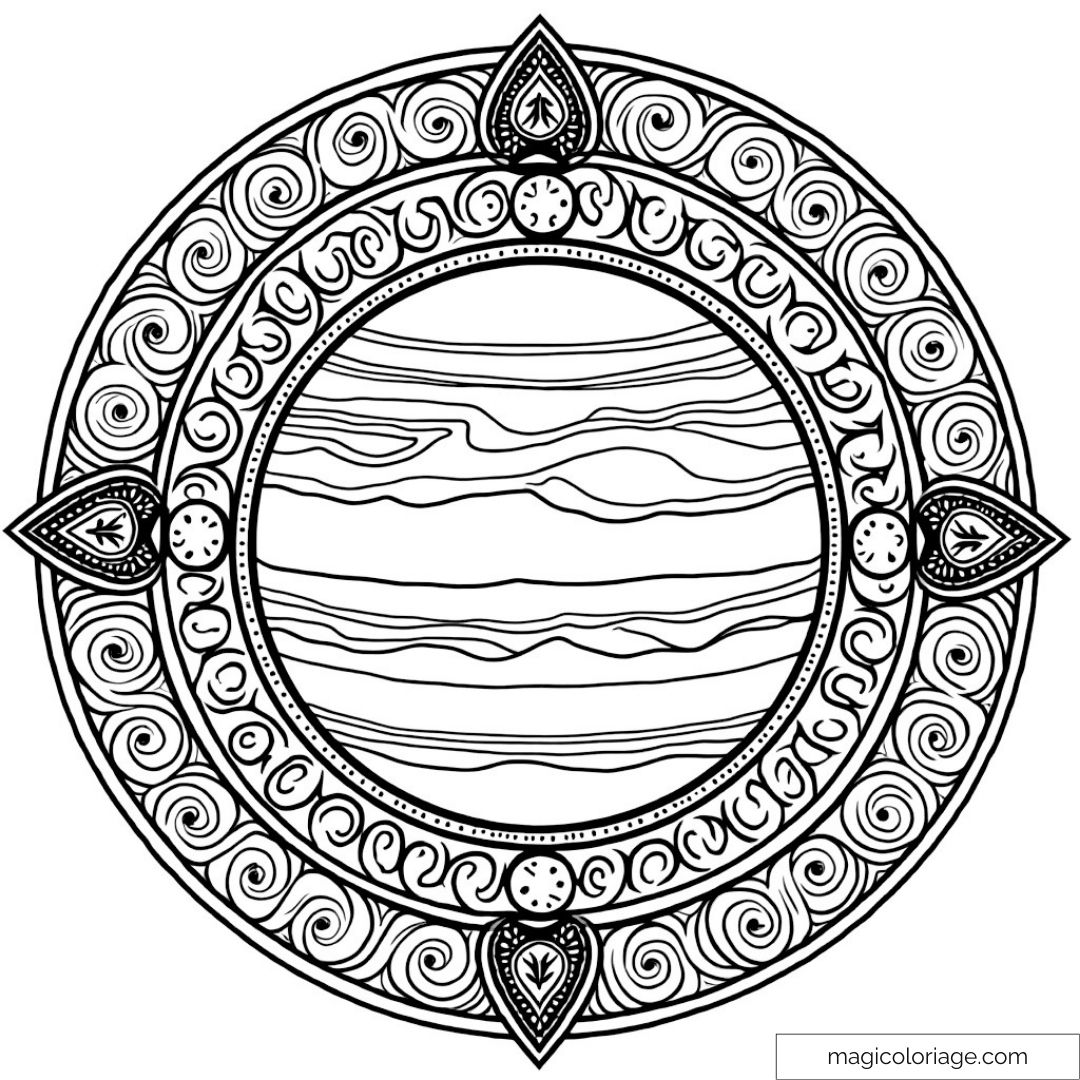 Mandala planétaire avec détails ornés et cercle fleur